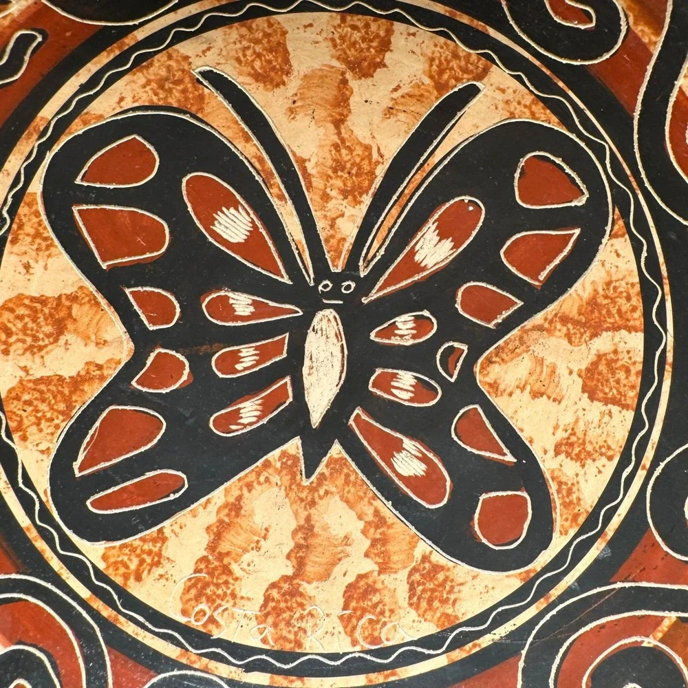 Hand Painted Tripod Bowl Butterfly Folk Art Terracotta Mexican Pottery Boho Vtg.